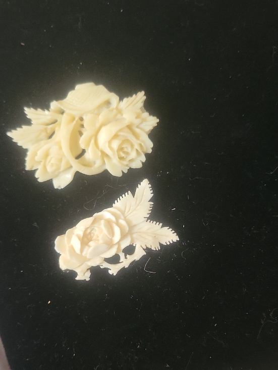 Jewelry - Ivory Carved Rose Brooches - Floral Cameo Set